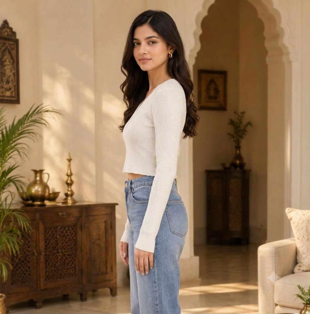 White Ribbed V-Neck Cropped Sweater Top with Full Sleeves