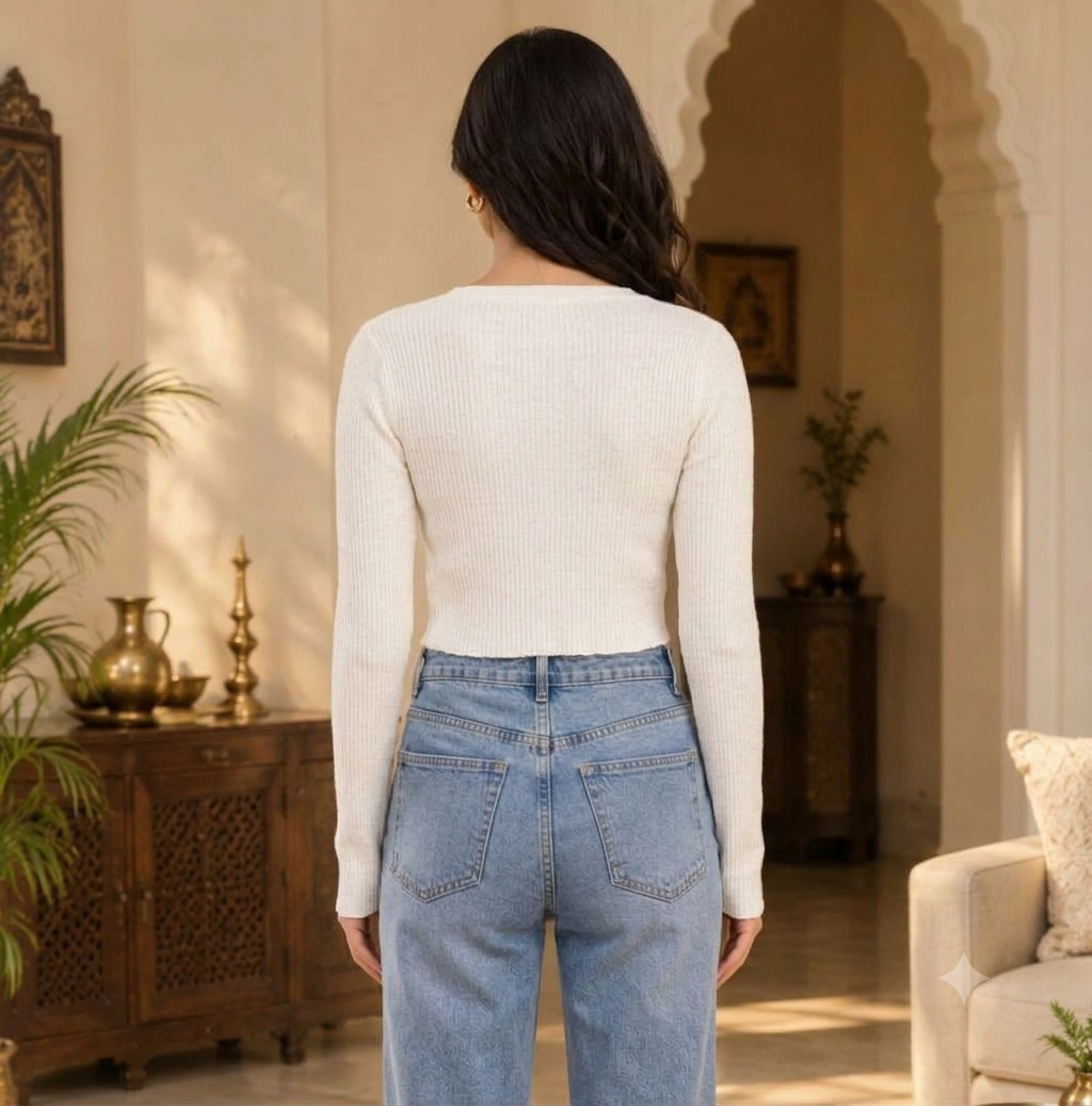 White Ribbed V-Neck Cropped Sweater Top with Full Sleeves