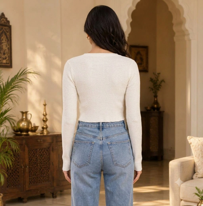 White Ribbed V-Neck Cropped Sweater Top with Full Sleeves
