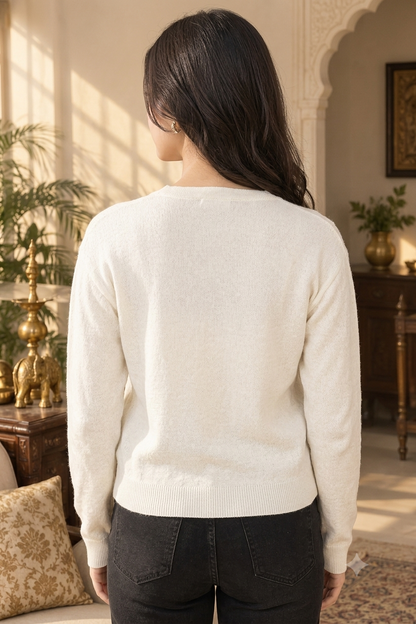 White V-Neck Button-Front Knit Cardigan with Full Sleeves