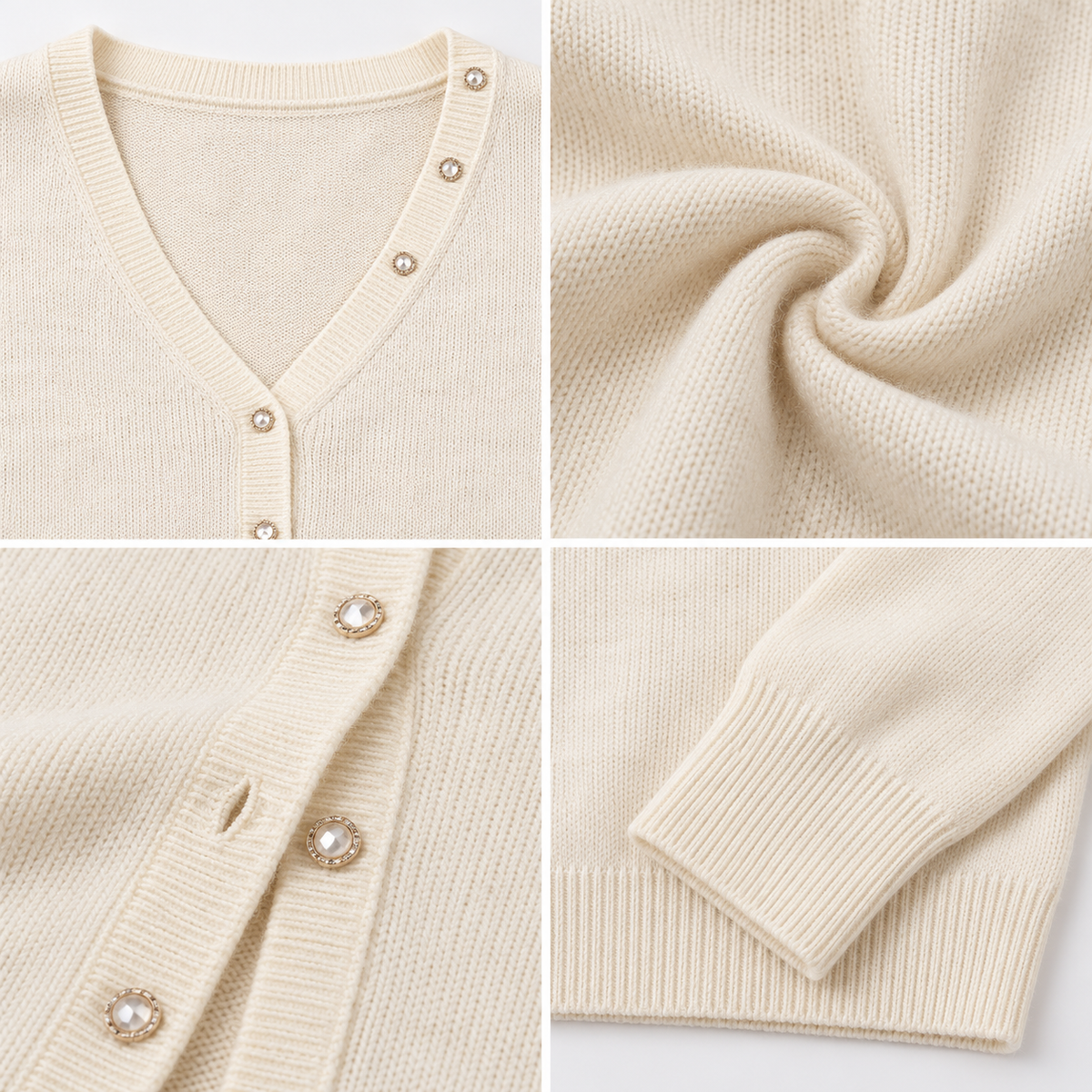White V-Neck Button-Front Knit Cardigan with Full Sleeves