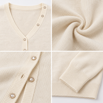 White V-Neck Button-Front Knit Cardigan with Full Sleeves