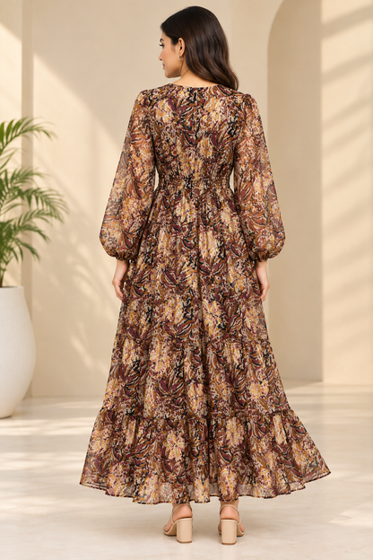 Multi-Colour Printed Long Sleeve Maxi Dress with Inner Lining