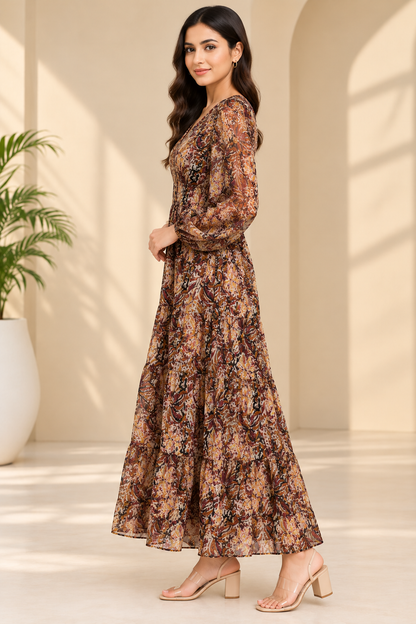 Multi-Colour Printed Long Sleeve Maxi Dress with Inner Lining