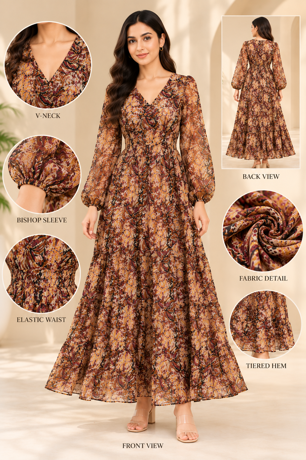 Multi-Colour Printed Long Sleeve Maxi Dress with Inner Lining
