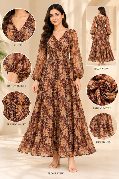 Multi-Colour Printed Long Sleeve Maxi Dress with Inner Lining