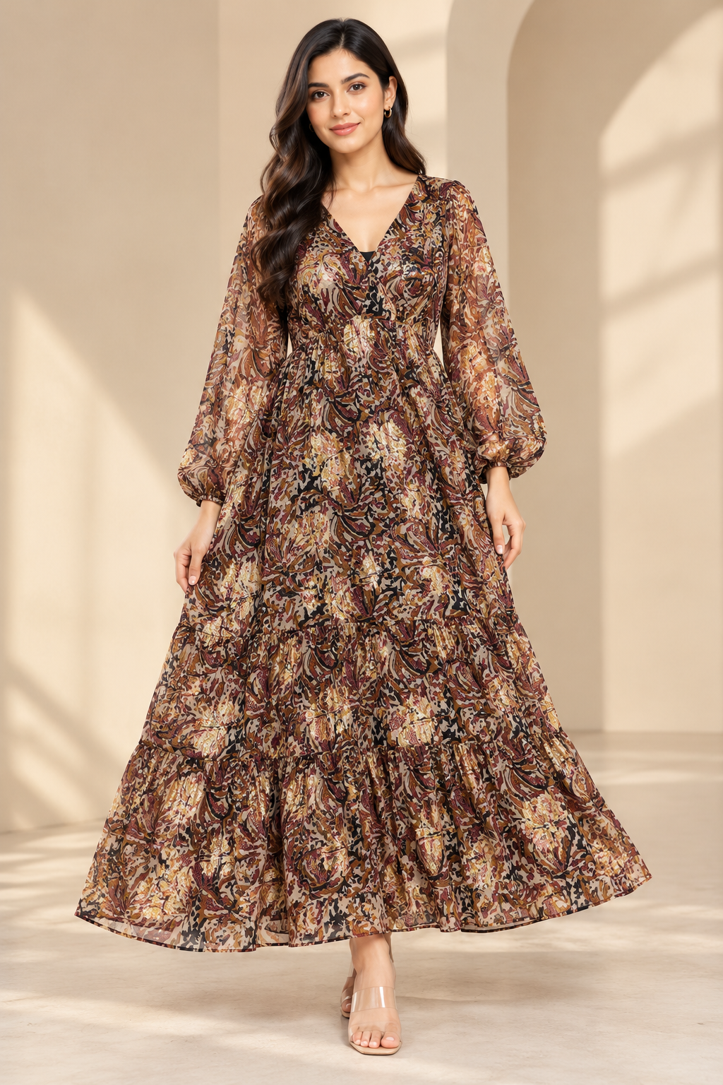 Multi-Colour Printed Long Sleeve Maxi Dress with Inner Lining