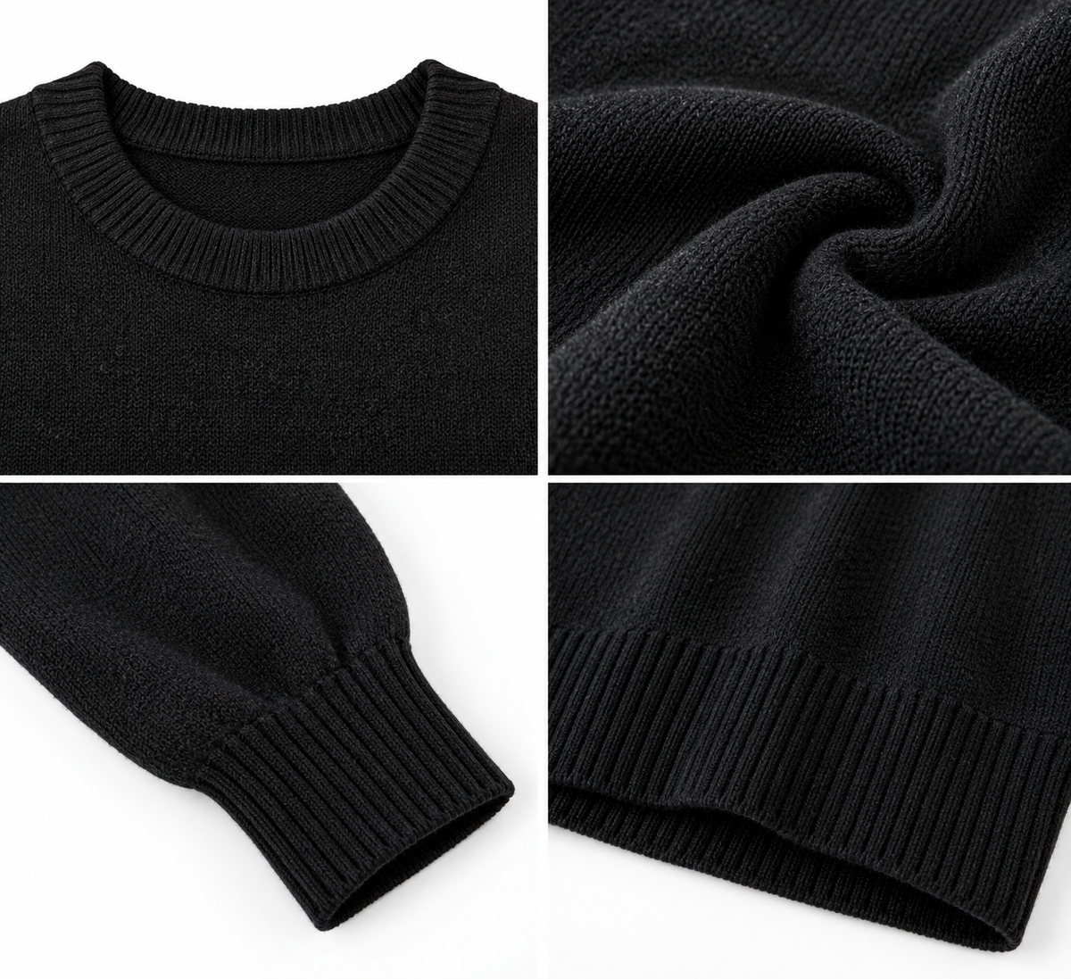 Black Textured Knit Pullover Sweater for Women, Classic Round Neck Full Sleeve Winter Jumper, Soft Cozy Casual Regular Fit Sweater for Everyday Wear, Office, Travel and Winter Styling