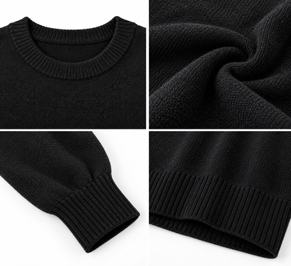 Black Textured Knit Pullover Sweater for Women, Classic Round Neck Full Sleeve Winter Jumper, Soft Cozy Casual Regular Fit Sweater for Everyday Wear, Office, Travel and Winter Styling