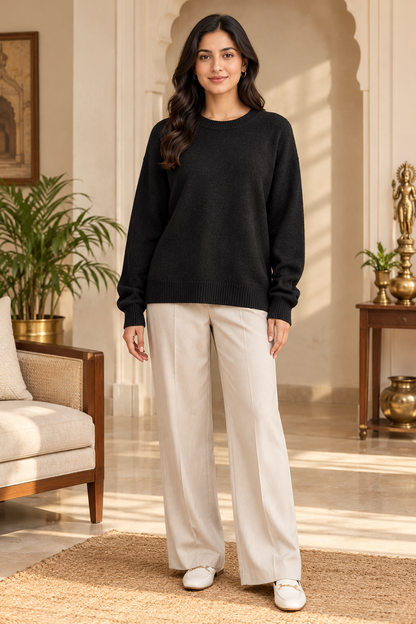 Black Textured Knit Pullover Sweater for Women, Classic Round Neck Full Sleeve Winter Jumper, Soft Cozy Casual Regular Fit Sweater for Everyday Wear, Office, Travel and Winter Styling
