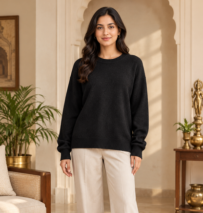 Black Textured Knit Pullover Sweater for Women, Classic Round Neck Full Sleeve Winter Jumper, Soft Cozy Casual Regular Fit Sweater for Everyday Wear, Office, Travel and Winter Styling
