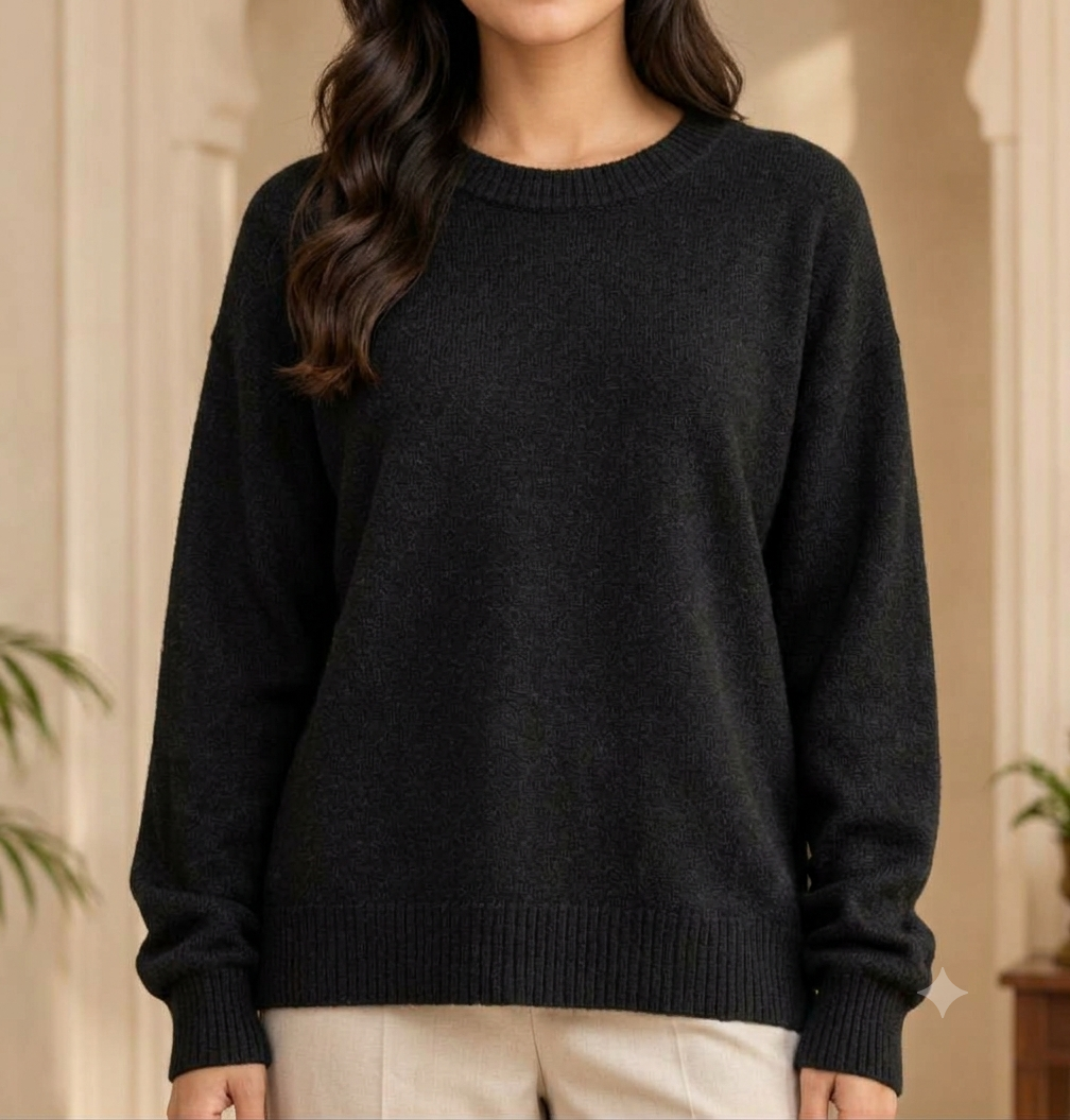Black Textured Knit Pullover Sweater for Women, Classic Round Neck Full Sleeve Winter Jumper, Soft Cozy Casual Regular Fit Sweater for Everyday Wear, Office, Travel and Winter Styling
