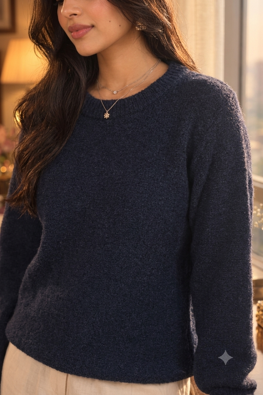 Navy Blue Textured Knit Pullover Sweater for Women, Classic Round Neck Full Sleeve Winter Jumper, Soft Cozy Casual Regular Fit Sweater for Everyday Wear, Office, Travel and Winter Styling