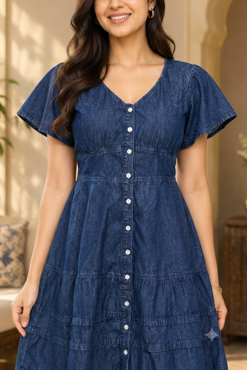 Blue Denim Tiered Mini Dress with V-Neck, Button-Front and Short Flutter Sleeves