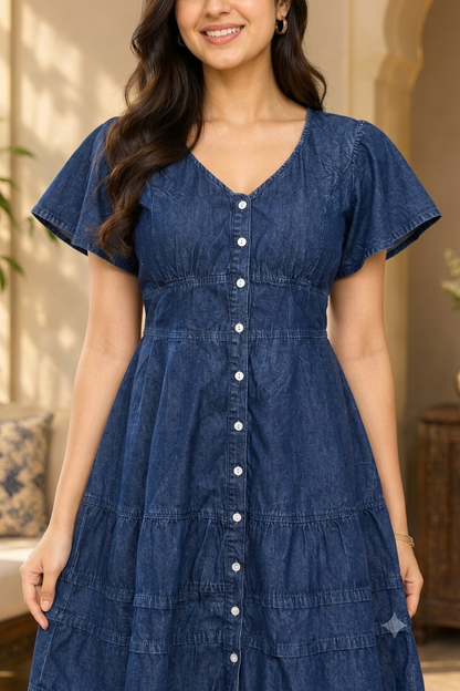 Blue Denim Tiered Mini Dress with V-Neck, Button-Front and Short Flutter Sleeves