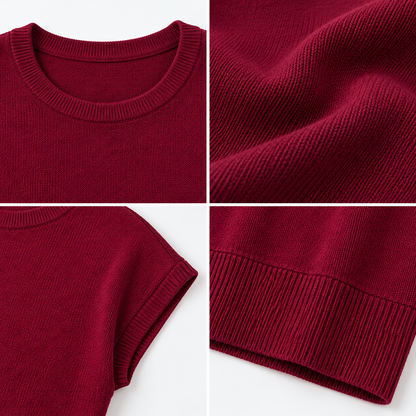 Maroon Textured Knit Top with Round Neck and Short Sleeves