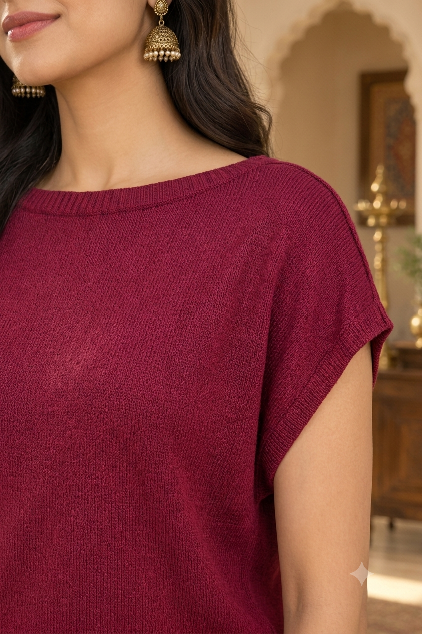 Maroon Textured Knit Top with Round Neck and Short Sleeves