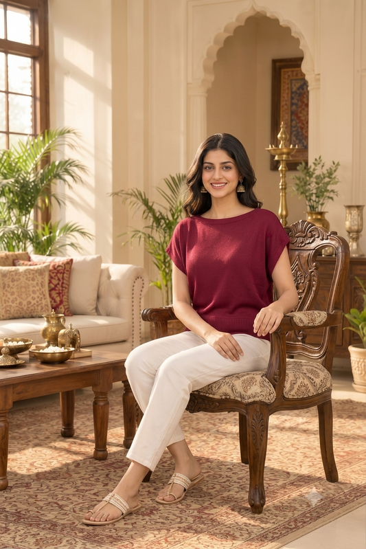 Maroon Textured Knit Top with Round Neck and Short Sleeves