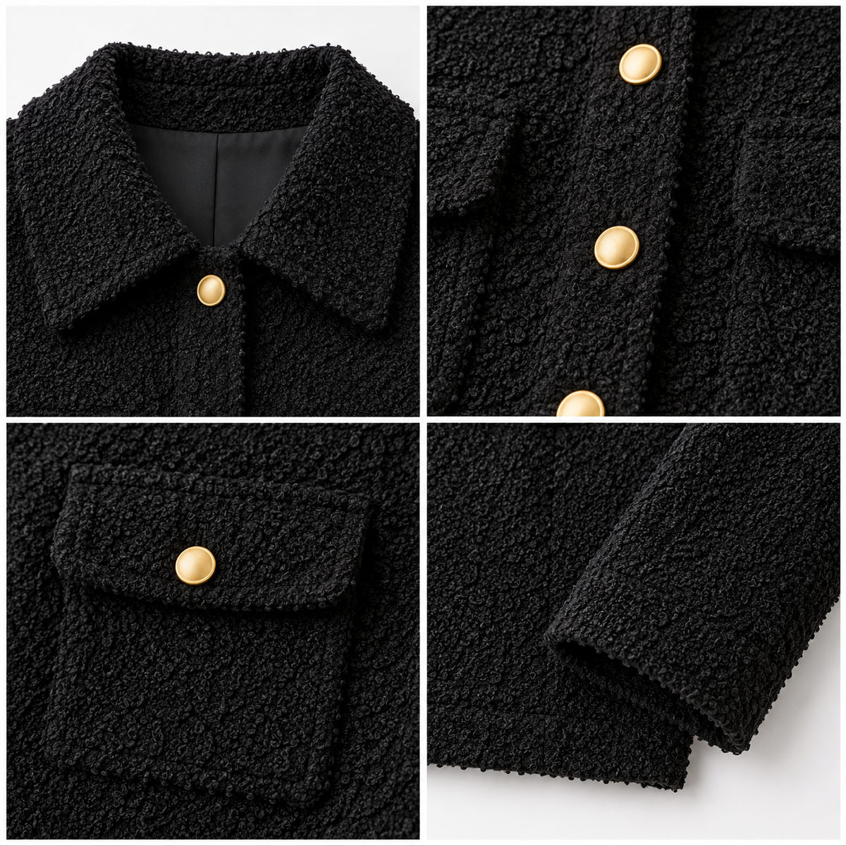 Black Textured Bouclé Jacket with Gold-Tone Buttons and Double Flap Pockets