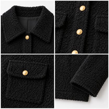Black Textured Bouclé Jacket with Gold-Tone Buttons and Double Flap Pockets