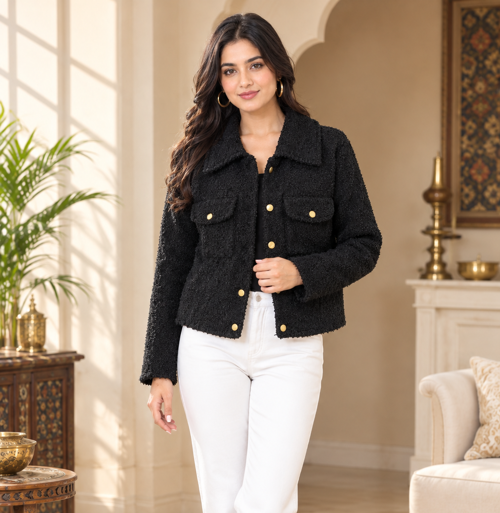 Black Textured Bouclé Jacket with Gold-Tone Buttons and Double Flap Pockets