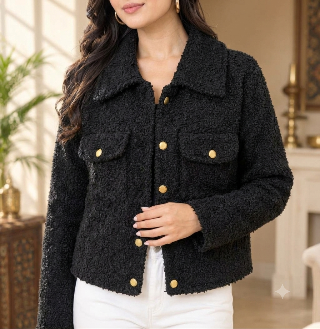 Black Textured Bouclé Jacket with Gold-Tone Buttons and Double Flap Pockets