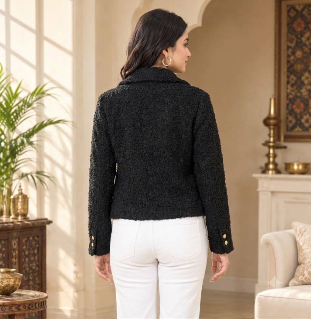 Black Textured Bouclé Jacket with Gold-Tone Buttons and Double Flap Pockets