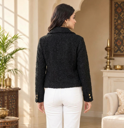Black Textured Bouclé Jacket with Gold-Tone Buttons and Double Flap Pockets