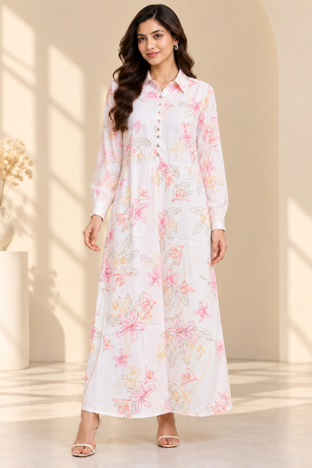 White Floral Printed Cotton Maxi Shirt Dress for Women | Full Sleeve Collared Neck Button-Down Long Dress | Elegant A-Line Flared Dress for Casual Wear, Office, Day Outings and Summer Styling | 100% Cotton