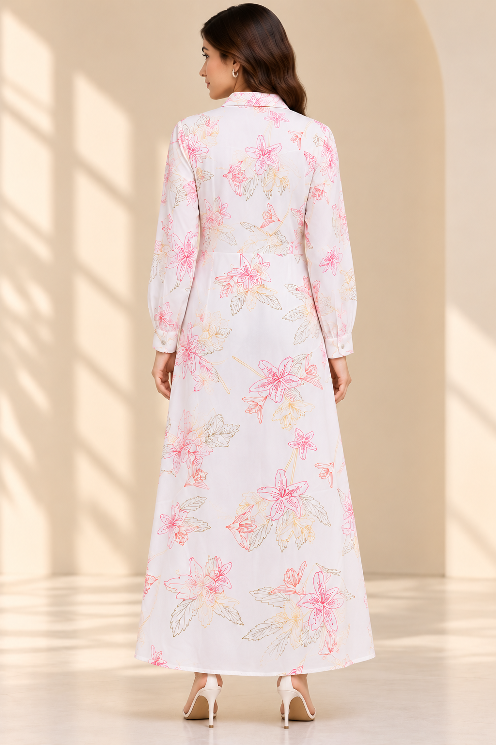 White Floral Printed Cotton Maxi Shirt Dress for Women | Full Sleeve Collared Neck Button-Down Long Dress | Elegant A-Line Flared Dress for Casual Wear, Office, Day Outings and Summer Styling | 100% Cotton