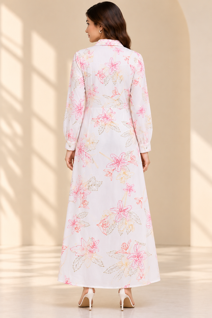 White Floral Printed Cotton Maxi Shirt Dress for Women | Full Sleeve Collared Neck Button-Down Long Dress | Elegant A-Line Flared Dress for Casual Wear, Office, Day Outings and Summer Styling | 100% Cotton