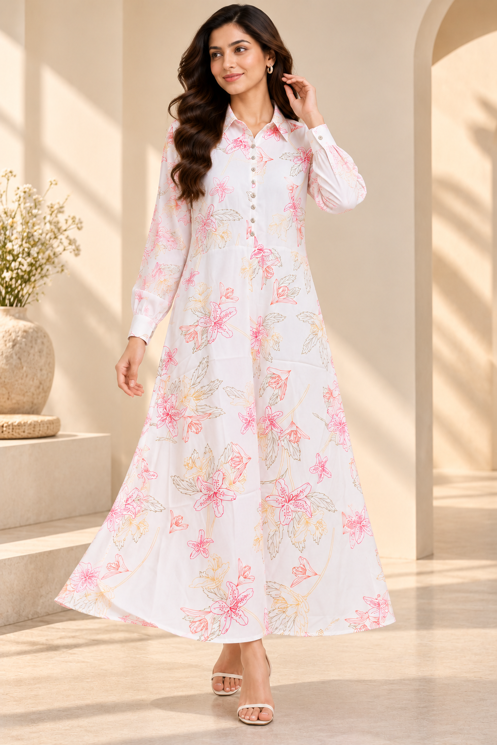White Floral Printed Cotton Maxi Shirt Dress for Women | Full Sleeve Collared Neck Button-Down Long Dress | Elegant A-Line Flared Dress for Casual Wear, Office, Day Outings and Summer Styling | 100% Cotton