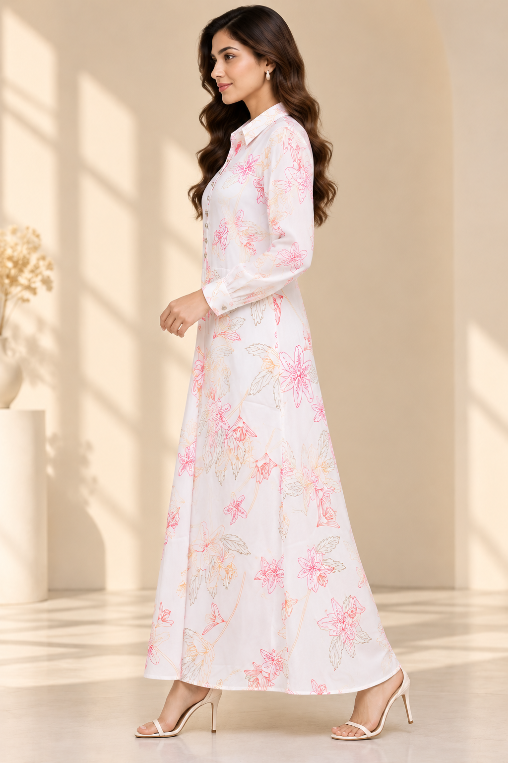 White Floral Printed Cotton Maxi Shirt Dress for Women | Full Sleeve Collared Neck Button-Down Long Dress | Elegant A-Line Flared Dress for Casual Wear, Office, Day Outings and Summer Styling | 100% Cotton