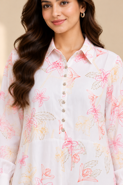 White Floral Printed Cotton Maxi Shirt Dress for Women | Full Sleeve Collared Neck Button-Down Long Dress | Elegant A-Line Flared Dress for Casual Wear, Office, Day Outings and Summer Styling | 100% Cotton
