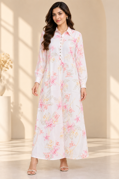 White Floral Printed Cotton Maxi Shirt Dress for Women | Full Sleeve Collared Neck Button-Down Long Dress | Elegant A-Line Flared Dress for Casual Wear, Office, Day Outings and Summer Styling | 100% Cotton