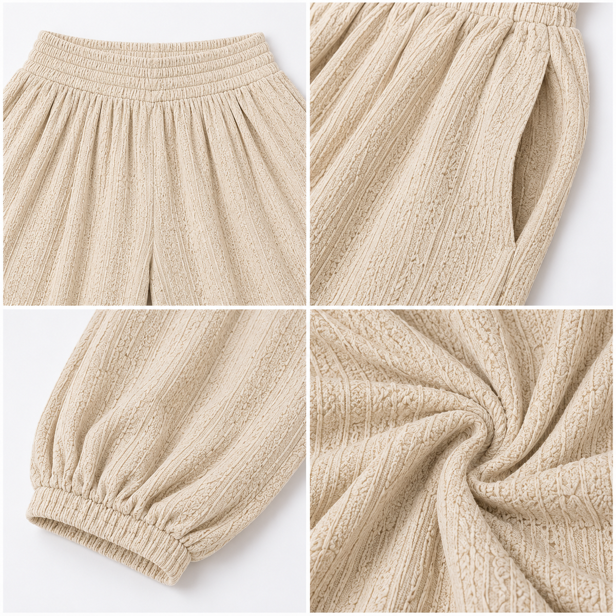 Beige Textured Balloon Pants