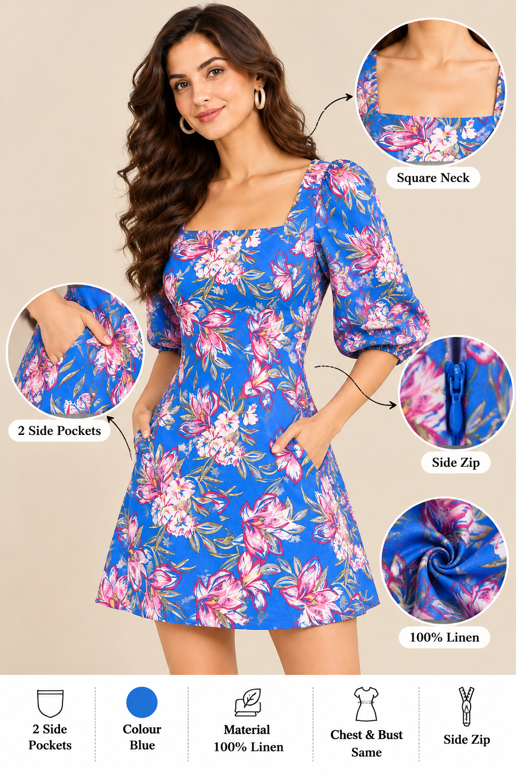 Blue Floral Square Neck Mini Dress, 100% Linen Puff Sleeve Dress with Two Side Pockets and Side Zip Closure