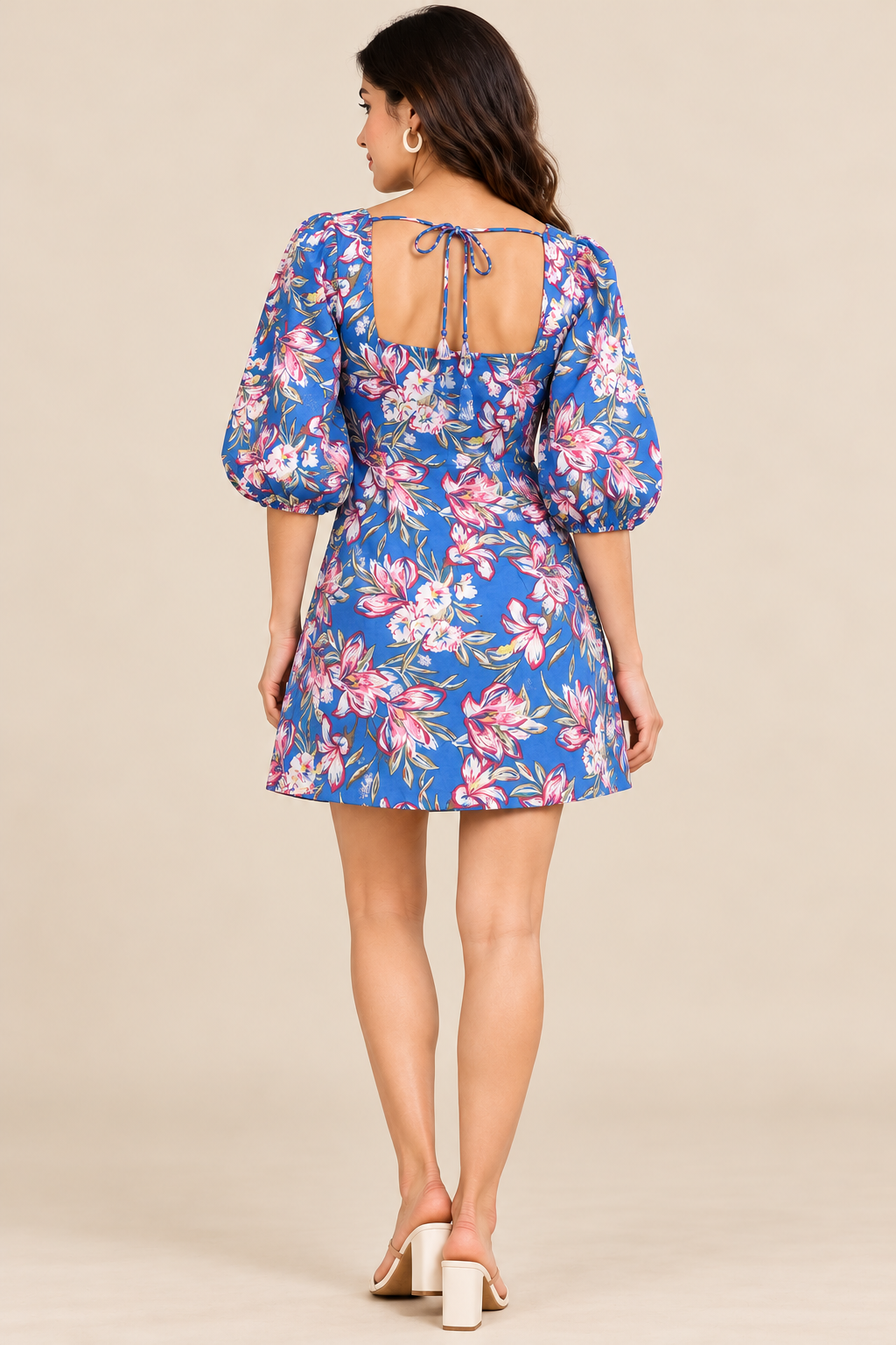 Blue Floral Square Neck Mini Dress, 100% Linen Puff Sleeve Dress with Two Side Pockets and Side Zip Closure