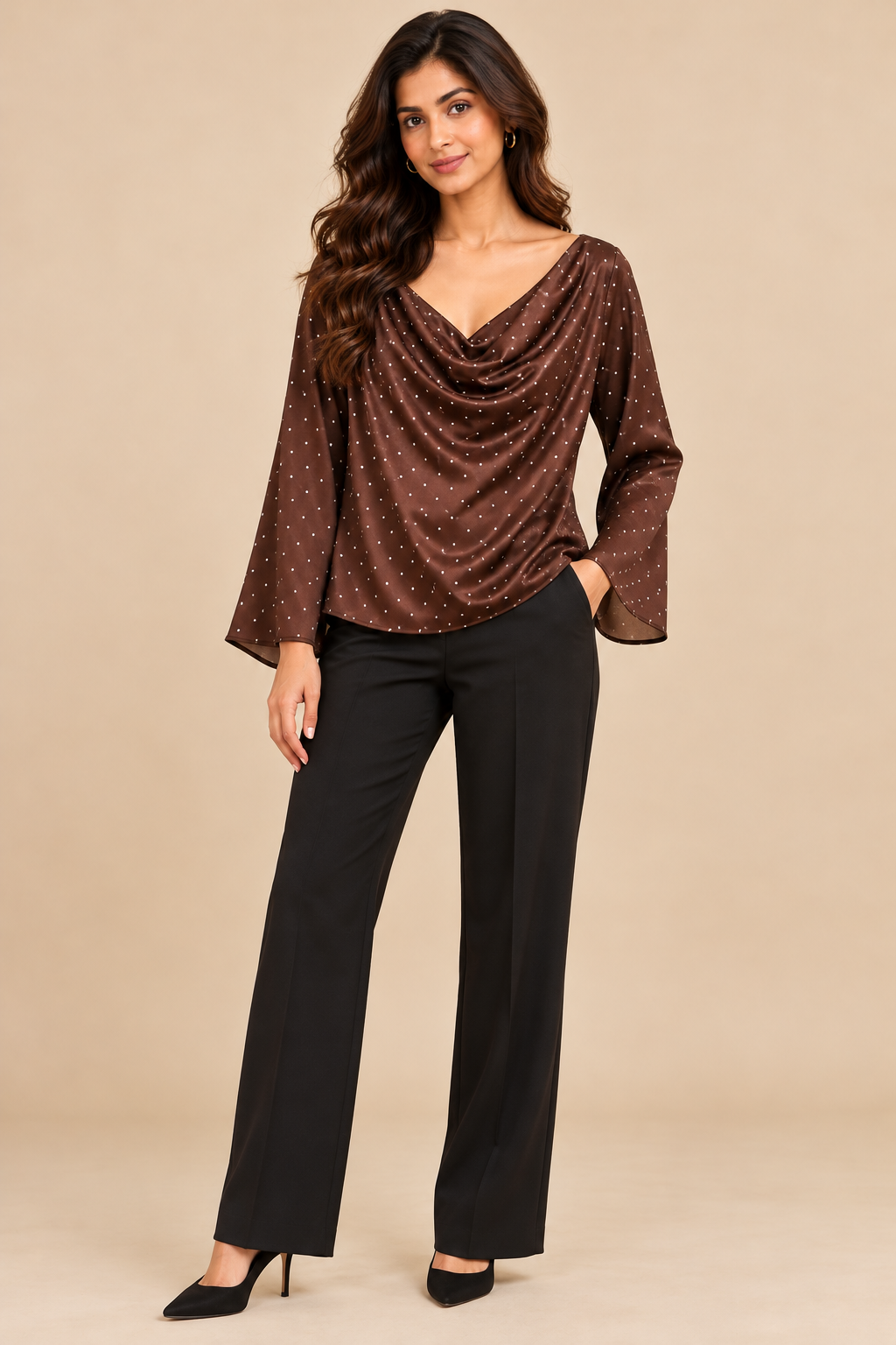 Brown Polka Dot Cowl Neck Top, Long Bell Sleeve Loose Fit Elegant Casual Blouse