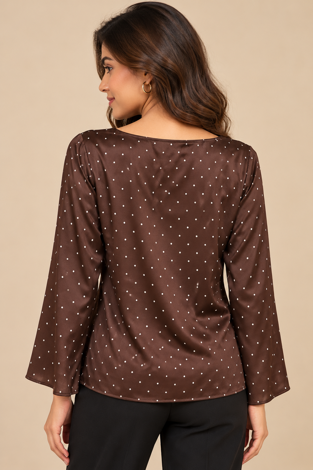 Brown Polka Dot Cowl Neck Top, Long Bell Sleeve Loose Fit Elegant Casual Blouse