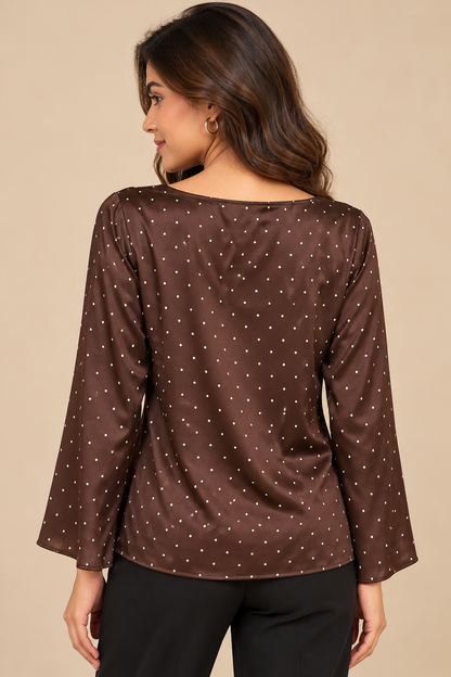Brown Polka Dot Cowl Neck Top, Long Bell Sleeve Loose Fit Elegant Casual Blouse