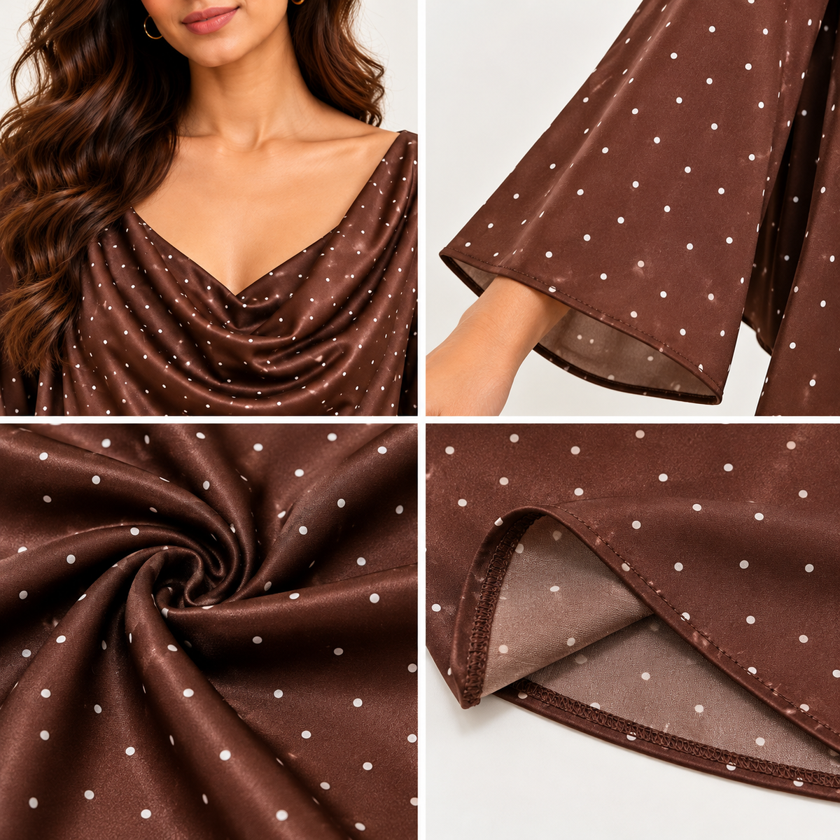 Brown Polka Dot Cowl Neck Top, Long Bell Sleeve Loose Fit Elegant Casual Blouse