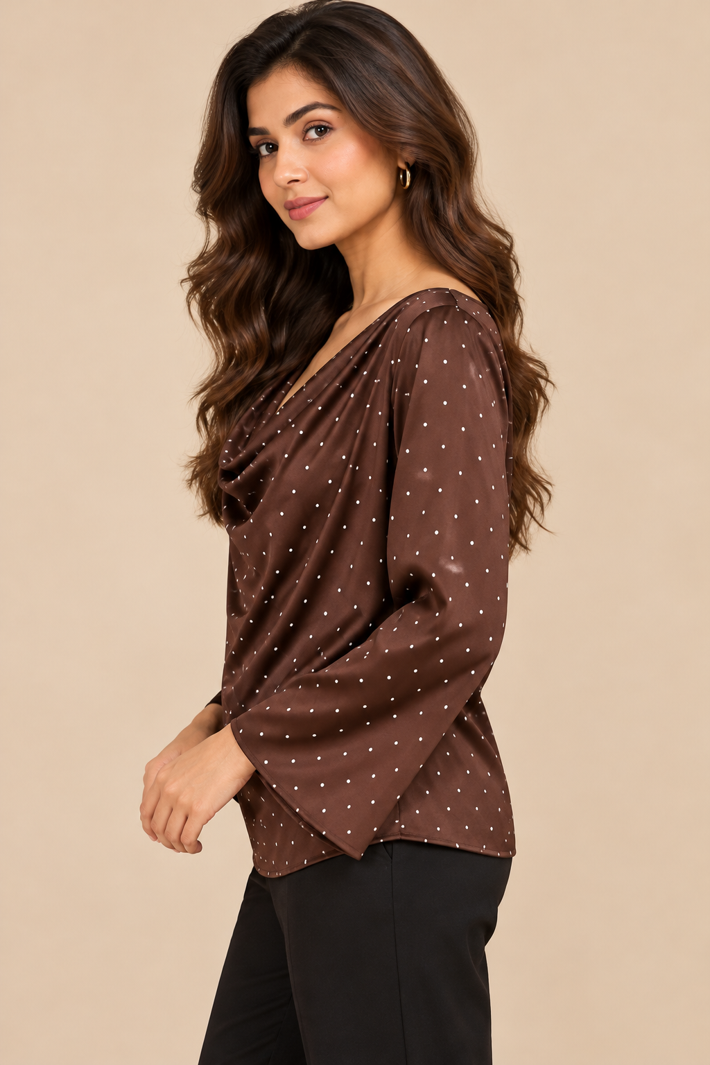 Brown Polka Dot Cowl Neck Top, Long Bell Sleeve Loose Fit Elegant Casual Blouse