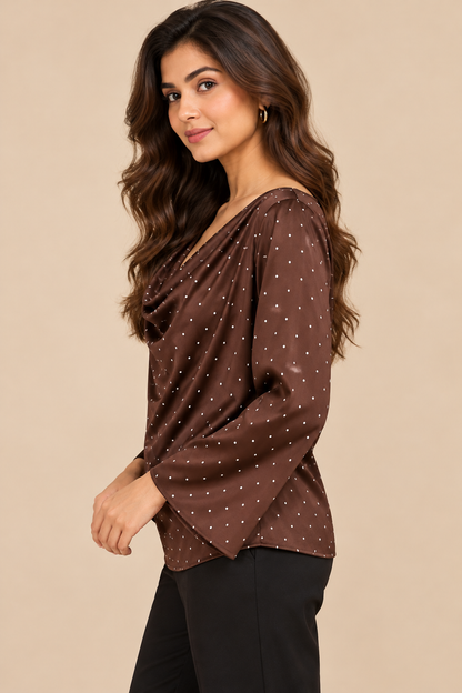 Brown Polka Dot Cowl Neck Top, Long Bell Sleeve Loose Fit Elegant Casual Blouse