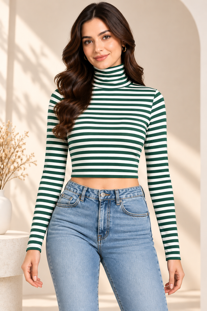 Green and White Striped High Neck Full Sleeve Crop sweater for Casual Wear