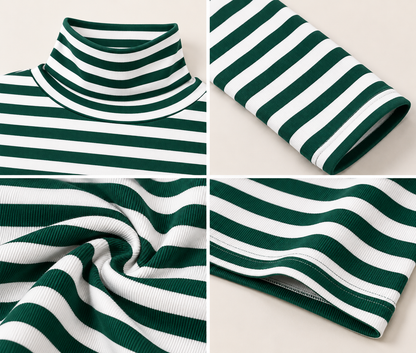 Green and White Striped High Neck Full Sleeve Crop sweater for Casual Wear