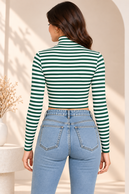 Green and White Striped High Neck Full Sleeve Crop sweater for Casual Wear