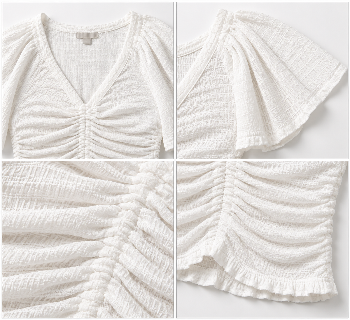 White Cotton Ruched Crop Top with V-Neck and Flared Short Sleeves