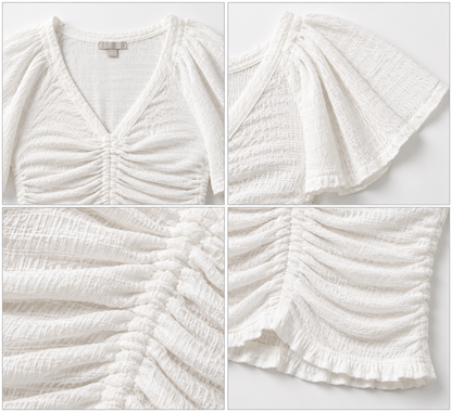 White Cotton Ruched Crop Top with V-Neck and Flared Short Sleeves
