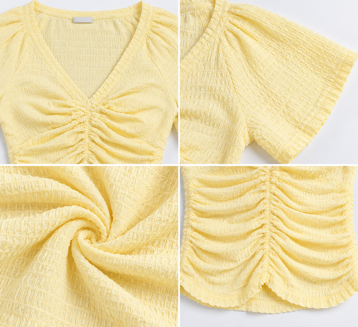 Yellow Cotton Ruched Crop Top with V-Neck and Flared Short Sleeves